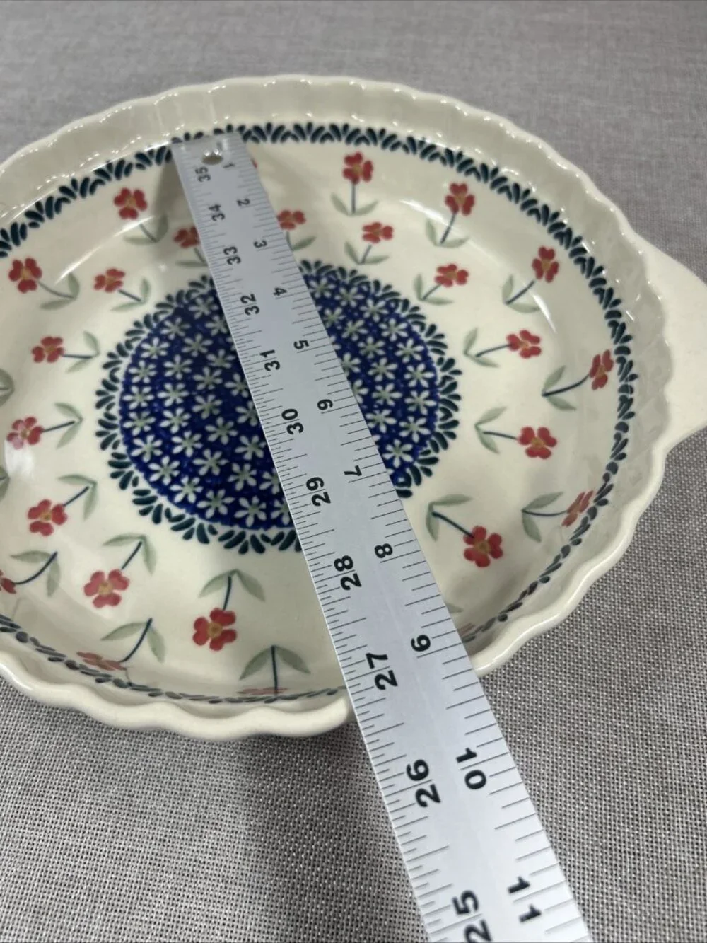 Ceramika z Boleslawca 501 Round Stoneware Pie Dish 9.5” Floral W/ Handles Poland